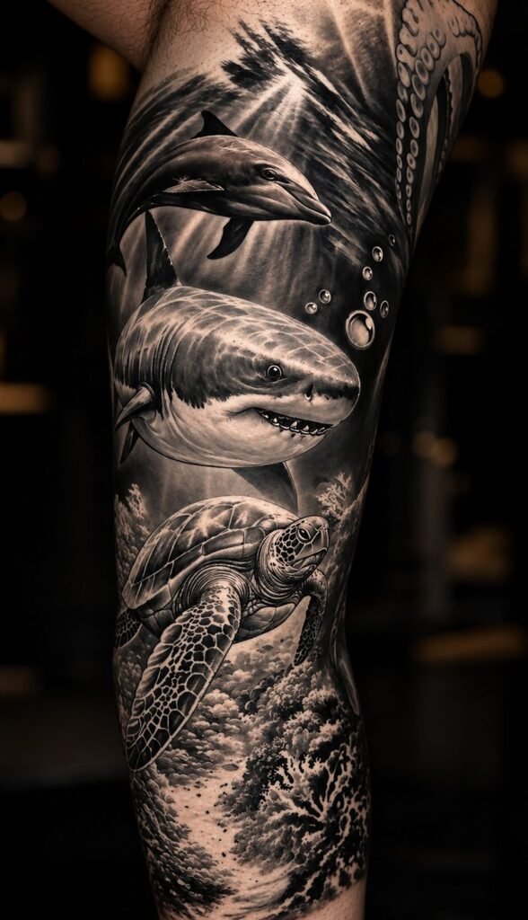 Custom black and grey realism tattoo of a shark, dolphin and sea turtle designed to fit the leg, by Washington Gomes, Sydney