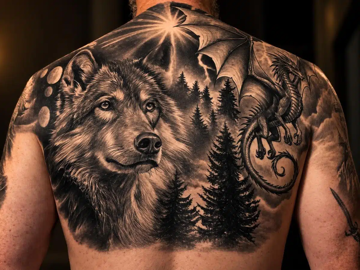 Custom black and grey realism back piece tattoo with wolf, forest and dragon by Washington Gomes, Sydney